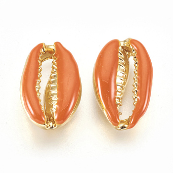 Alloy Beads, with Enamel, Shell, Real 18K Gold Plated, Dark Orange, 19~20x12~12.5x6mm