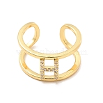 Clear Cubic Zirconia Initial Letter Open Cuff Ring, Real 18K Gold Plated Brass Double Line Ring for Women, Lead Free & Cadmium Free, Letter.H, US Size 6(16.5mm)(RJEW-A012-01G-H)