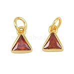 Brass Pave Cubic Zirconia Charms, Triangle Charms, Single Stone Charms, Long-Lasting Plated, Rack Plating, Cadmium Free & Lead Free, Golden, Red, 8.5x6.5x3mm, Hole: 3.5mm(CU-CBA3D67-10G-04)