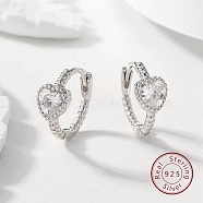 Cubic Zirconia Heart Hoop Earrings, 925 Sterling Silver Earrings, with S925 Stamp, Clear, 12mm(AX2868-3)
