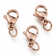 Ion Plating(IP) 304 Stainless Steel Lobster Claw Clasps, With Jump Ring, Rose Gold, 11x7x3mm, Hole: 3mm, Jump Ring: 5x0.6mm(STAS-G240-01C-RG)
