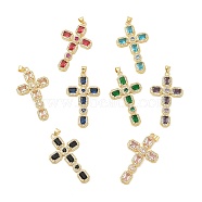 Rack Plating Brass Pendants, with Glass Cubic Zirconia, Religion Cross Charm, Cadmium Free & Lead Free, Long-Lasting Plated, Real 18K Gold Plated, Mixed Color, 46x26x4mm, Hole: 5X3mm(KK-D087-17G)