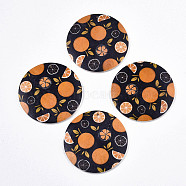 Fruit Seris Printed Wood Pendants, Flat Round with Orange Pattern, Black, 30x5mm, Hole: 1.6mm(WOOD-S045-103B-02)