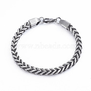 304 Stainless Steel Wheat Chain Bracelets, with Lobster Claw Clasps, Antique Silver, 8-1/2 inch(21.5cm), 6mm(BJEW-L673-004-AS)