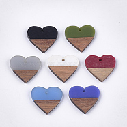 Resin & Walnut Wood Pendants, Heart, Mixed Color, 24x25x3.5~4mm, Hole: 2mm(RESI-S358-81)