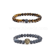 2Pcs 2 Style Natural Weathered Agate(Dyed) & Tiger Eye Round Beaded Stretch Bracelets Set with Alloy Lion, Gemstone Jewelry for Women, Inner Diameter: 2-1/4 inch(5.8cm), 2-3/8 inch(6cm), 1Pc/style(BJEW-JB08654)