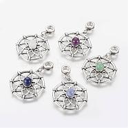 Alloy European Dangle Charms, Large Hole Pendants, with Gemstone Beads, Flat Round with Flower, 44mm, Hole: 5mm(HJEW-JM00303)