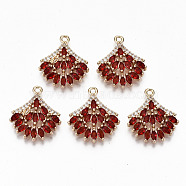Brass Micro Pave Cubic Zirconia Pendants, Light Gold, Long-Lasting Plated, Cadmium Free & Lead Free, Fan, Red, 21x18x3mm, Hole: 1.6mm(KK-S359-001C-RS)