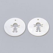 Freshwater Shell Pendants, Flat Round with Girl, Creamy White, 25x1.5~2mm, Hole: 1.5mm(X-SHEL-N020-10)