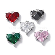 Glass Charms, with Brass Findings, Heart Charm, Mixed Color, Real Platinum Plated, 10.5x9.5x3.5mm, Hole: 1.2mm(KK-F867-08P)