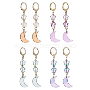 4 Pairs 4 Color Moon & Star Glass Dangle Leverback Earrings, 304 Stainless Steel Drop Earrings, Mixed Color, 55x11mm, 1 Pair/color(EJEW-JE05605)
