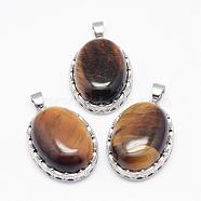 Natural Tiger Eye Pendants, with Brass Findings, Oval, Platinum, 30x21x10~11mm, Hole: 6x4mm(G-D851-30)
