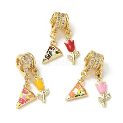 Brass Micro Pave Clear Cubic Zirconia Pendants, Pizza & Tulip Charm, with Enamel, Lead Free & Cadmium Free, Rack Plating, Long-Lasting Plated, Mixed Color, 25mm, Hole: 3mm and 4.5mm(CU-CBAC53C-02G)