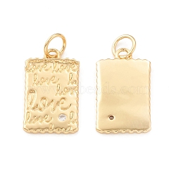 Eco-Friendly Brass Micro Pave Cubic Zirconia Pendants, with Jump Ring, Lead Free & Cadmium Free, Long-Lasting Plated, Rectangle with Word Love Charm, Real 18K Gold Plated, 17x10x1.5mm, Hole: 3.5mm(KK-I698-34G)