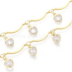 Brass Glass Scalloped Bar Chains, with Heart Charm, Soldered, with Spool, Golden, 15.5x1.8mm, about 32.81 Feet(10m)/Roll(CHC-T018-08G)