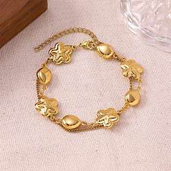 304 Stainless Steel Link Chain & Curb Chain Multi-strand Bracelets for Women, Real 18K Gold Plated, Flower & Teardrop, 7.48 inch(19cm)(BJEW-H641-01A-G)