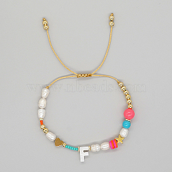 Initial Letter Natural Pearl Braided Bead Bracelet, Adjustable Bracelet, Letter F, 11 inch(28cm)(LO8834-06)