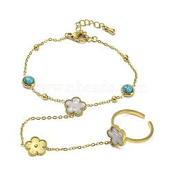 Synthetic Turquoise Half Round Link Chains Bracelet with Synthetic Shell Flower Open Cuff Ring, Ion Plating(IP) 304 Stainless Steel Ring Bracelets, Golden, 7-3/4 inch(19.8cm)(BJEW-H324-04G)