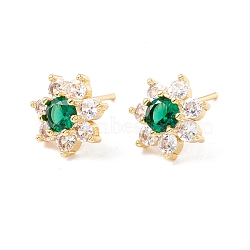 Cubic Zirconia Flower Stud Earrings, Real 18K Gold Plated Brass Jewelry for Women, Lead Free & Cadmium Free, Green, 12mm, Pin: 1mm(EJEW-F282-22G)