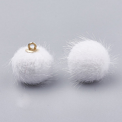 Faux Mink Fur Covered Pendants, with Brass Findings, Round, Golden, White, 14x12mm, Hole: 1mm(WOVE-S115-02G)