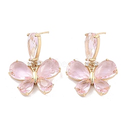 Butterfly Brass Dangle Stud Earrings, Pink Glass Drop Earrings, Light Gold, 36x28mm(EJEW-Q800-40KCG)
