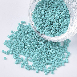 11/0 Grade A Glass Seed Beads, Cylinder, Uniform Seed Bead Size, Baking Paint, Medium Turquoise, about 1.5x1mm, Hole: 0.5mm, about 2000pcs/10g(X-SEED-S030-0729)
