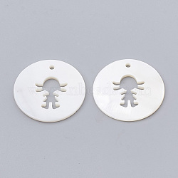 Freshwater Shell Pendants, Flat Round with Girl, Creamy White, 25x1.5~2mm, Hole: 1.5mm(X-SHEL-N020-10)