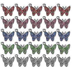 25Pcs 5 Colors Zinc Alloy Butterfly Charms, with Resin Rhinestone, Mixed Color, 12x14mm, Hole: 2.5mm, 5pcs/color(ENAM-SZ0001-81)