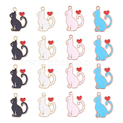 40Pcs 4 Colors Zinc Alloy Enamel Pendants, Cat with Heart, Light Gold, Mixed Color, 20~25x15~20x1.5mm, Hole: 1.5mm, 10pcs/color(ENAM-CJ0001-110)