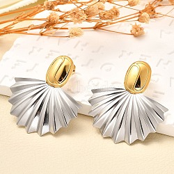 304 Stainless Steel Two Tone Stud Earrings, Golden & Stainless Steel Color, Fan, 40x38.5mm(EJEW-F355-04GP-05)