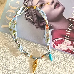 304 Stainless Steel Enamel Pendant Printed Cloth Scarf Necklaces for Women, Golden, Fish, 17.52 inch(44.5cm), Pendant: 38mm(FS-WGDE682-08)