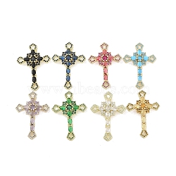 Real 18K Gold Plated Brass Micro Pave Cubic Zirconia Pendants, with Glass, Cross, Mixed Color, 36.5x25.5x7.5mm, Hole: 2.8x3.1mm(KK-A209-31G)