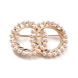 Double Rings Interlocking Circles Imitation Pearl Brooch, Zinc Alloy Lapel Pin for Women Dress Shawl, Light Gold, WhiteSmoke, 31x46x11mm, Pin: 0.7mm(JEWB-P010-01)