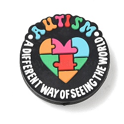 Autism Theme Silicone Beads, Focal Beads, Flat Round with Autism A Different Way & Awareness Puzzle Heart, 30x7mm, Hole: 2.5mm(SL-CBAF318-D03)