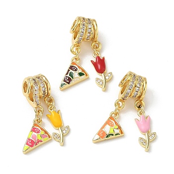 Brass Micro Pave Clear Cubic Zirconia Pendants, Pizza & Tulip Charm, with Enamel, Lead Free & Cadmium Free, Rack Plating, Long-Lasting Plated, Mixed Color, 25mm, Hole: 3mm and 4.5mm