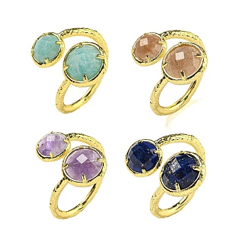 Round Natural Gemstone Open Cuff Rings, Golden Plated Brass Ring for Unisex, Inner Diameter: 19mm