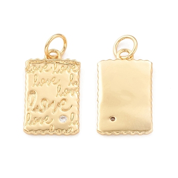 Eco-Friendly Brass Micro Pave Cubic Zirconia Pendants, with Jump Ring, Lead Free & Cadmium Free, Long-Lasting Plated, Rectangle with Word Love Charm, Real 18K Gold Plated, 17x10x1.5mm, Hole: 3.5mm