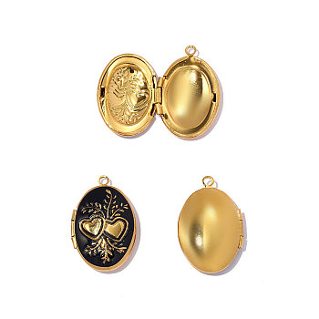 304 Stainless Steel Enamel Locket Pendants, Oval with Heart & Leaf Charm, Real 18K Gold Plated, Ion Plating(IP), Long-Lasting Plated, Black, 24x16mm, Hole: 1.6mm