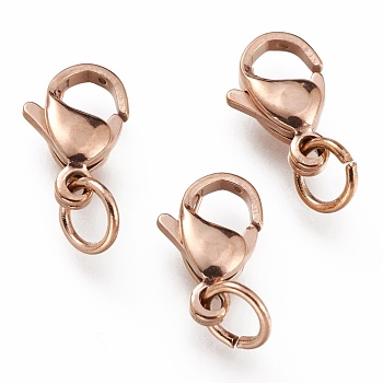 Ion Plating(IP) 304 Stainless Steel Lobster Claw Clasps, With Jump Ring, Rose Gold, 11x7x3mm, Hole: 3mm, Jump Ring: 5x0.6mm