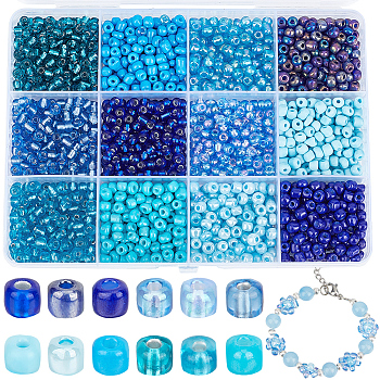 156G 12 Style Glass Seed Beads, Mixed Style, Round, Deep Sky Blue, 4~5x3~4mm, Hole: 1~2mm, 13g/style