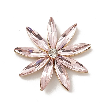 Alloy Cabochons, with Glass Rhinestone, Ligh Gold, Flower, Pink, 32x5.5mm