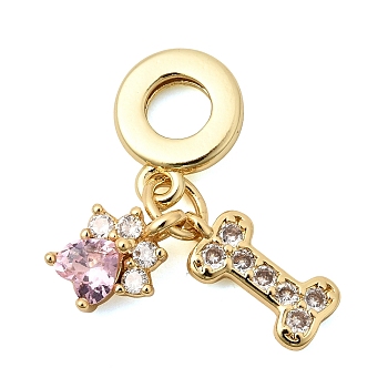 Brass Pave Clear and Pink Cubic Zirconia European Dangle Charms, Paw Print Dog Bone Large Hole Pendants, Cadmium Free & Lead Free, Long-Lasting Plated, Rack Plating, Real 18K Gold Plated, 28.5mm, Hole: 4.5mm