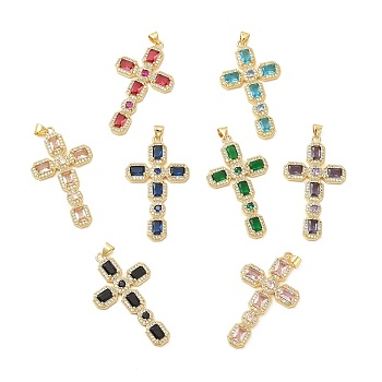 Rack Plating Brass Pendants, with Glass Cubic Zirconia, Religion Cross Charm, Cadmium Free & Lead Free, Long-Lasting Plated, Real 18K Gold Plated, Mixed Color, 46x26x4mm, Hole: 5X3mm