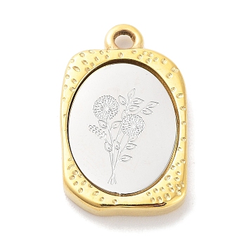 304 Stainless Steel Pendants, Rectangle with Twelve Zodiac Flower Charm, Golden & Stainless Steel Color, November Chrysanthemum, 23x14.5x3mm, Hole: 2mm