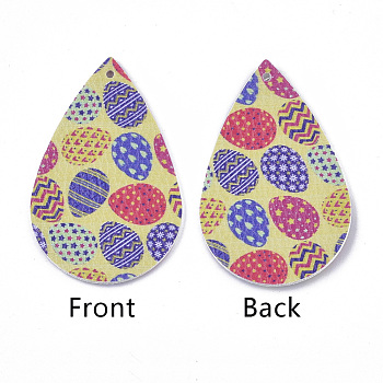 PU Leather Big Pendants, Easter Theme, Teardrop with Egg Pattern, Colorful, 55~56.5x35~37x2mm, Hole: 1~2mm