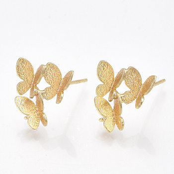 Brass Stud Earring Findings, with Loop, Butterfly, Nickel Free, Real 18K Gold Plated, 13.5x12mm, Hole: 1mm, Pin: 0.8mm
