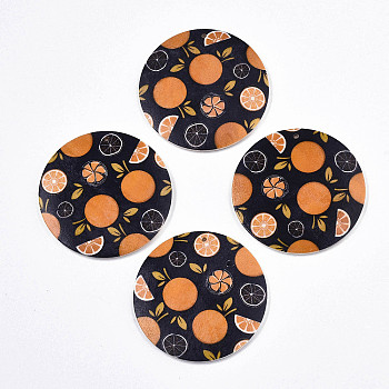 Fruit Seris Printed Wood Pendants, Flat Round with Orange Pattern, Black, 30x5mm, Hole: 1.6mm