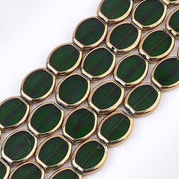 Electroplate Glass Beads Strands, Oval, Dark Green, 17x14x4.5mm, Hole: 1.2mm, about 20pcs/strand, 12.9 inch