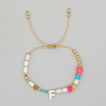 Initial Letter Natural Pearl Braided Bead Bracelet, Adjustable Bracelet, Letter F, 11 inch(28cm)