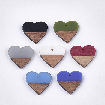 Resin & Walnut Wood Pendants, Heart, Mixed Color, 24x25x3.5~4mm, Hole: 2mm